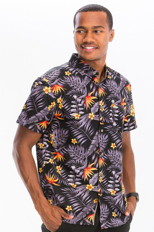 Weiv Mens Print Hawaiian Button Down Shirt