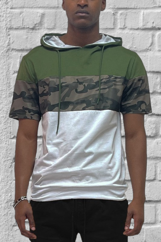 Camo and Solid Design Block Hooded Shirt