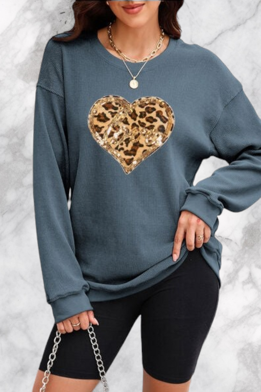 Heart Leopard Sequin Round Neck Sweatshirt