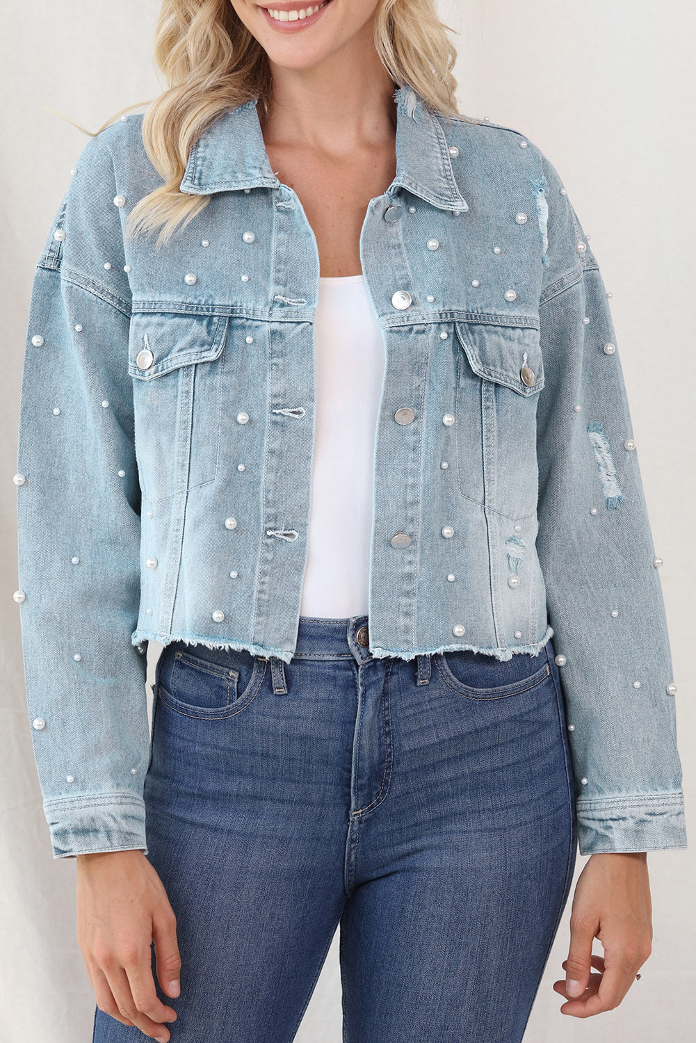 Distressed Button Up Denim Jacket with pocket