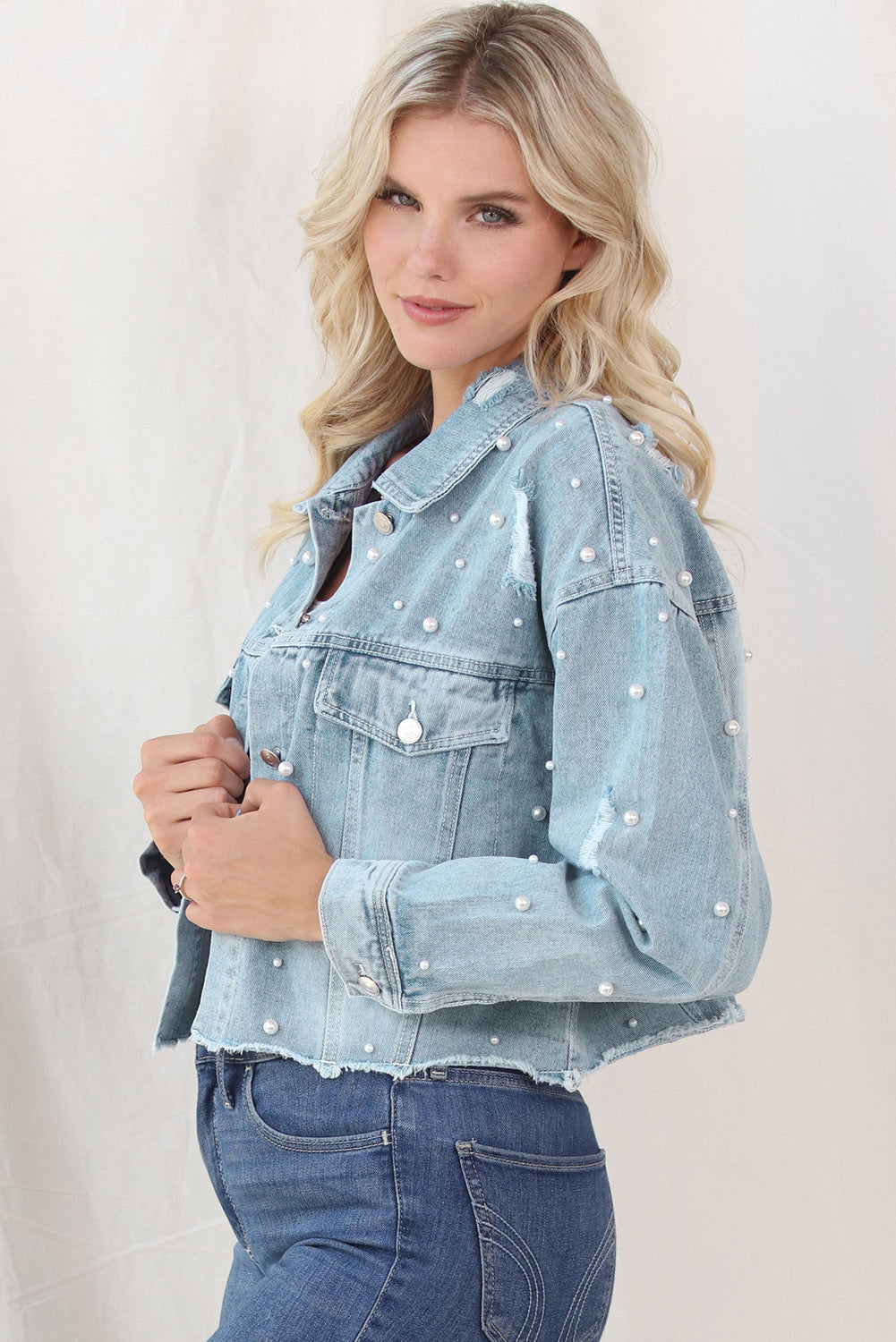 Distressed Button Up Denim Jacket with Pockets