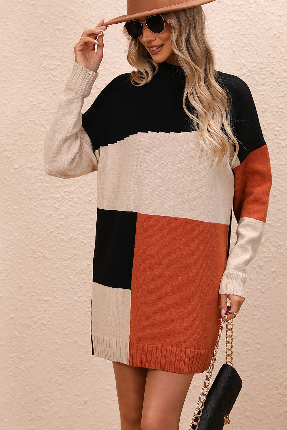 Color Block Mock Neck Sweater Dress