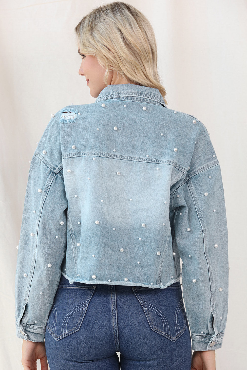 Distressed Button Up Denim Jacket with Pockets