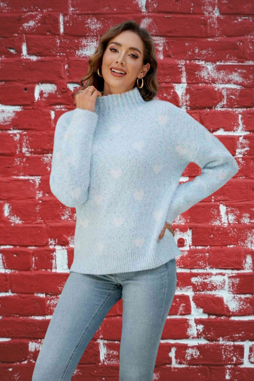 Lovely Heart Mix Mock Neck Sweater