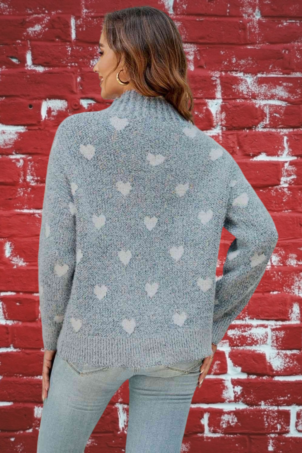 heart pattern mock neck drop shoulder sweater