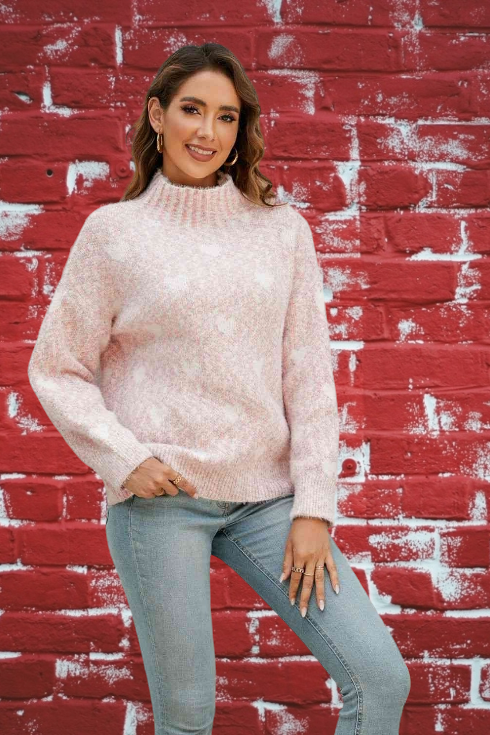 Lovely Heart Mix Mock Neck Sweater