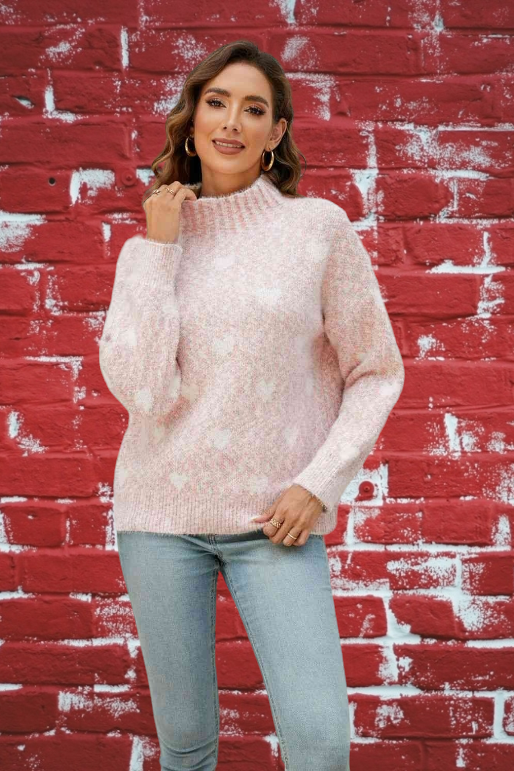 Lovely Heart Mix Mock Neck Sweater