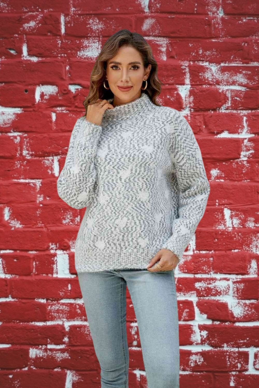 Lovely Heart Mix Mock Neck Sweater