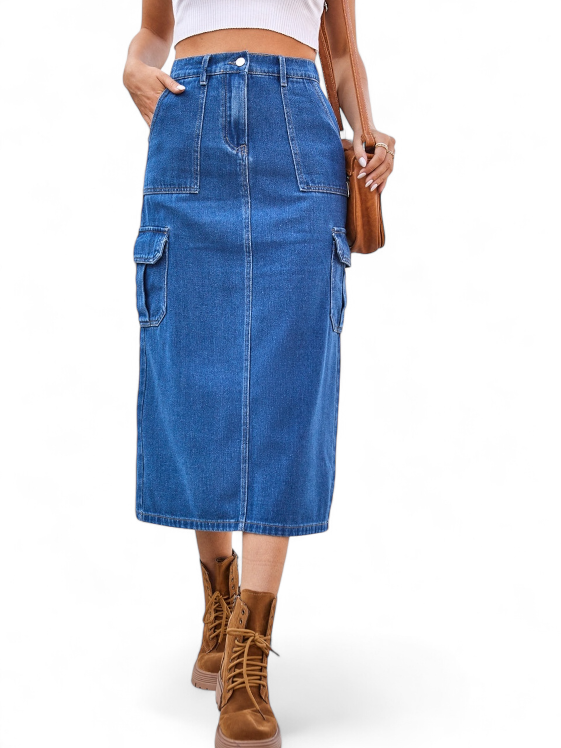 Back Slit Midi Denim Skirt