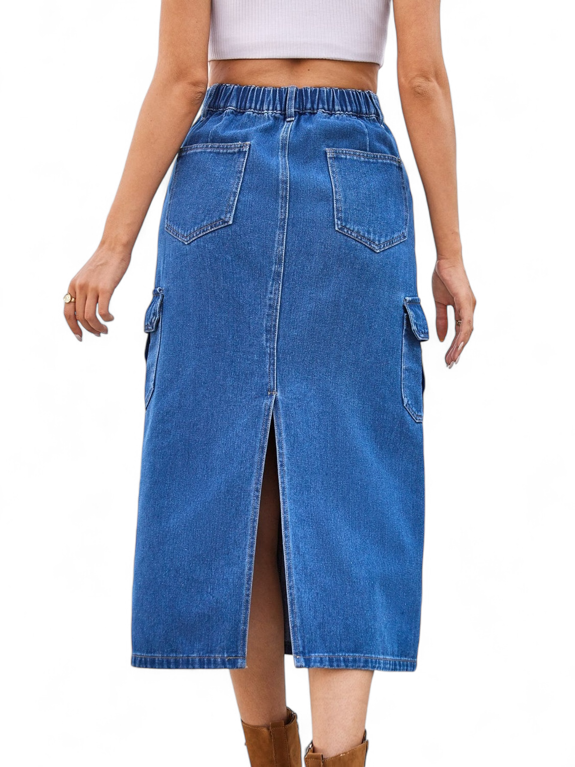 Back Slit Midi Denim Skirt