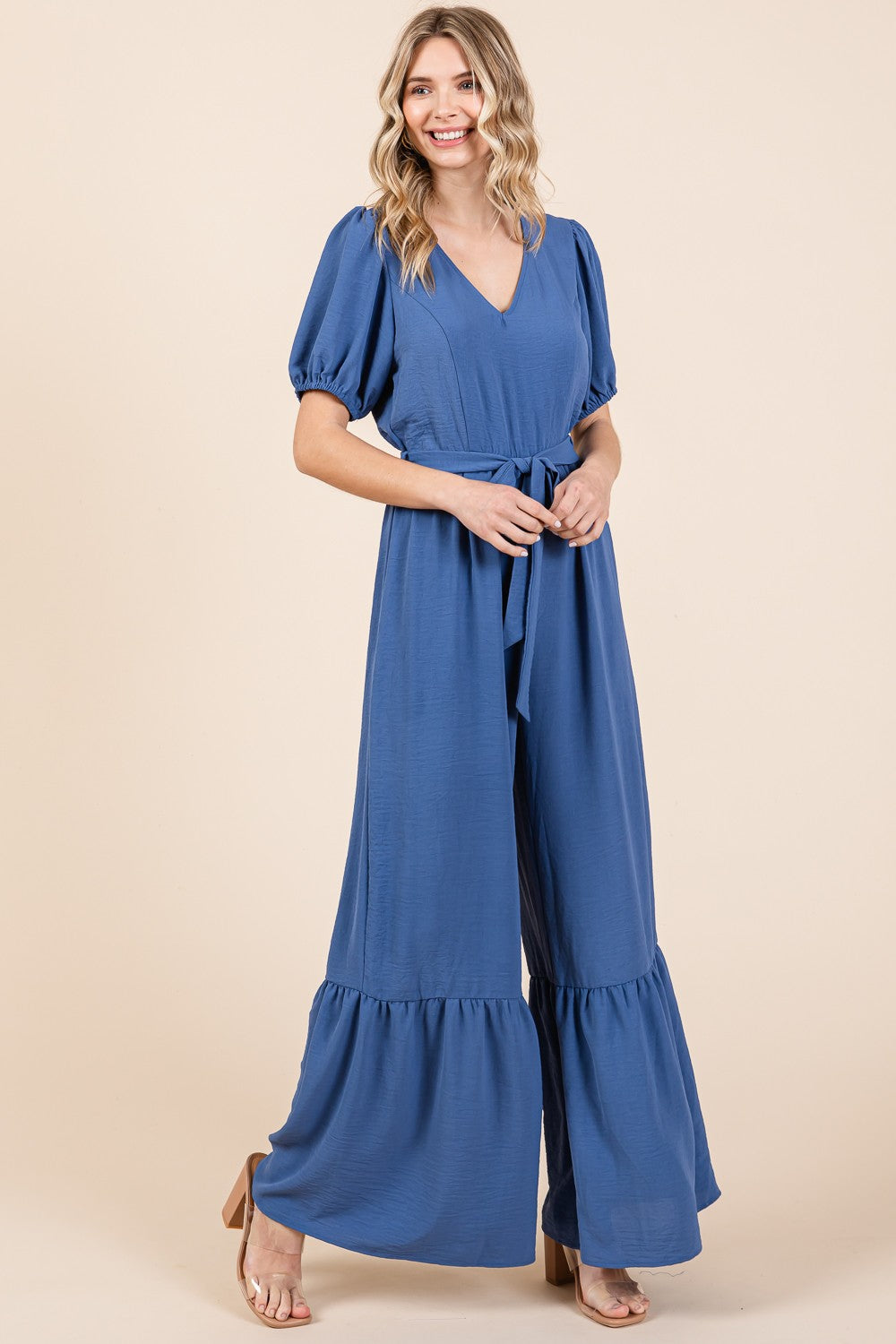 Full Size V-Neck Belted Wide Leg Jumpsuit