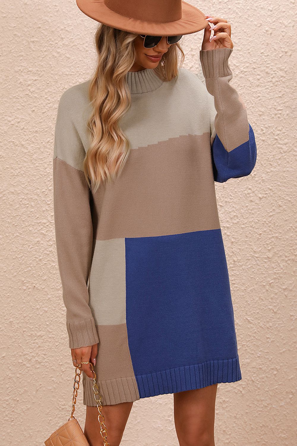 Color Block Mock Neck Sweater Dress