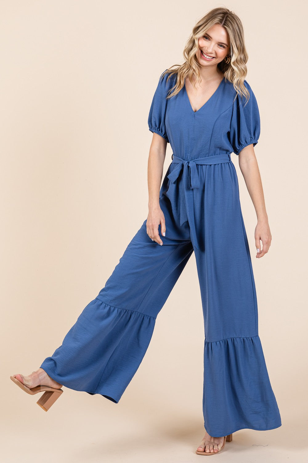 Full Size V-Neck Belted Wide Leg Jumpsuit