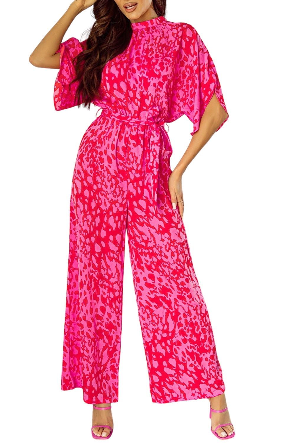 Printed Mock Neck Kimono Sleeve Jumpsuit