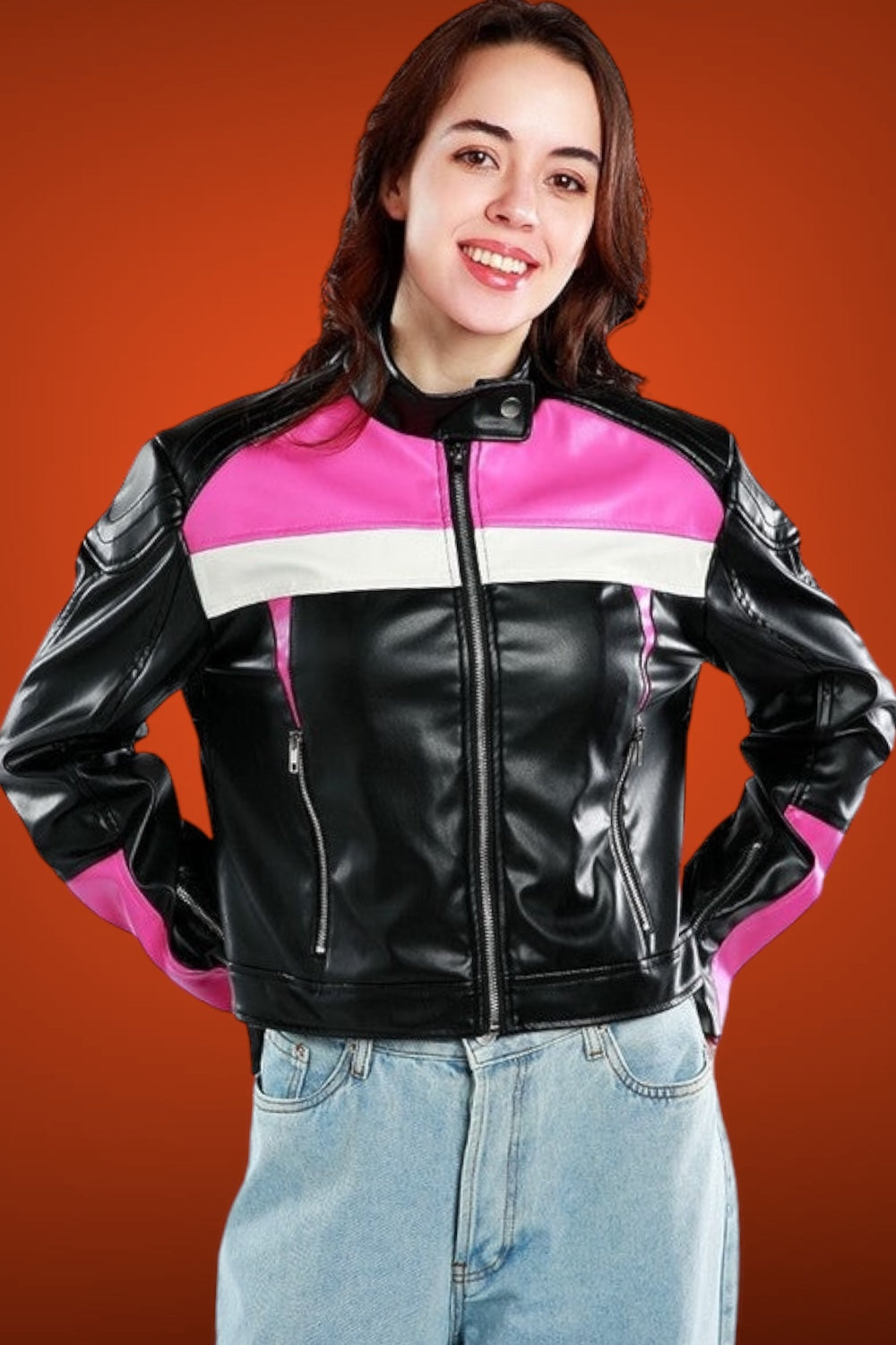 Color Block Faux Leather Biker Jacket