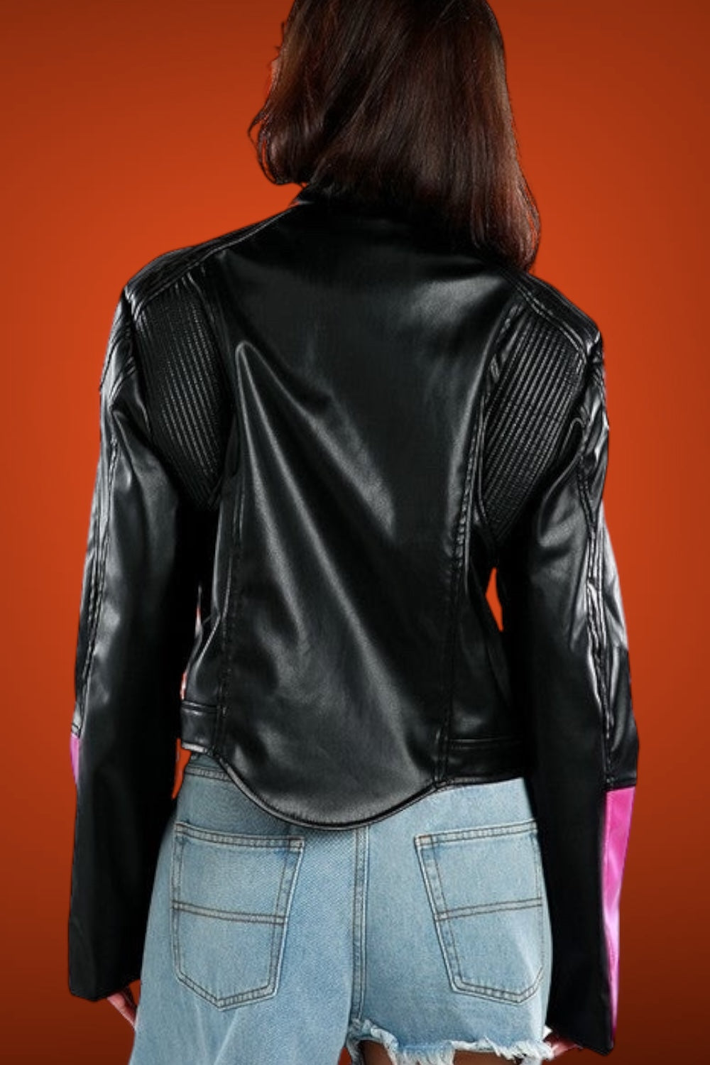 Color Block Faux Leather Biker Jacket