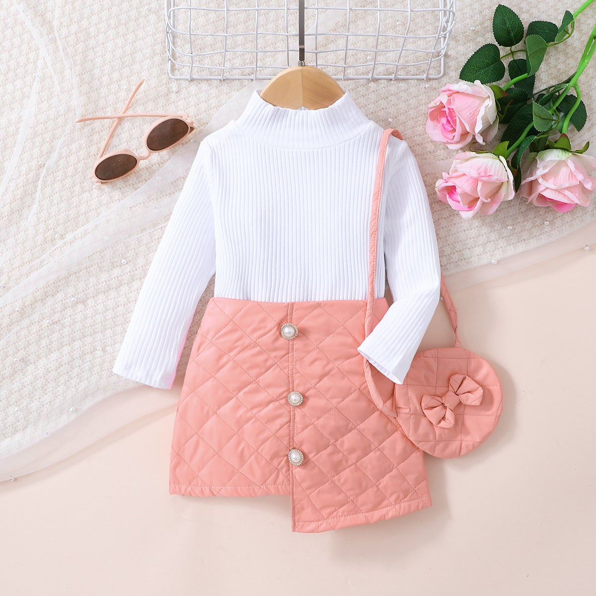 Decorative Girls Knit Top & Button Skirt Set with Bag