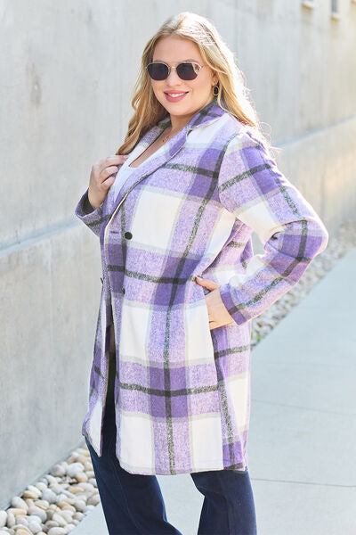 Women Full Size Plaid Button Up Lapel Collar Coat