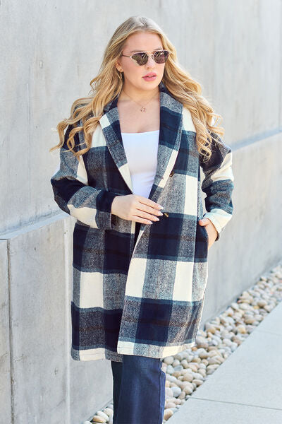 Women Full Size Plaid Button Up Lapel Collar Coat