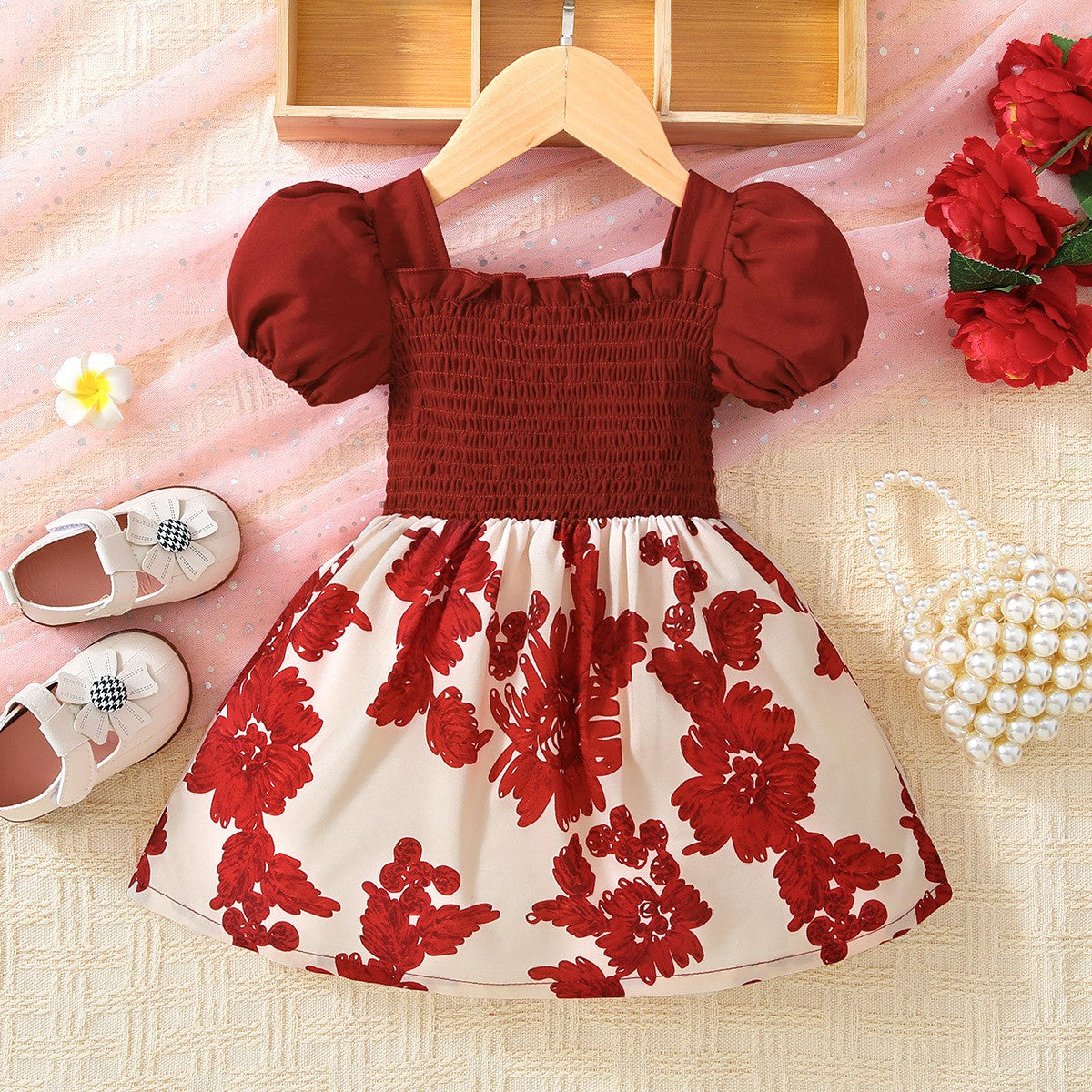 Floral Frill Baby Girl Trim Smocked Dress