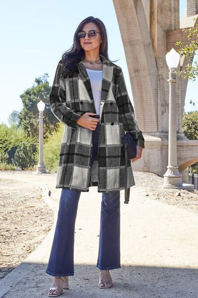 Women Full Size Plaid Button Up Lapel Collar Coat