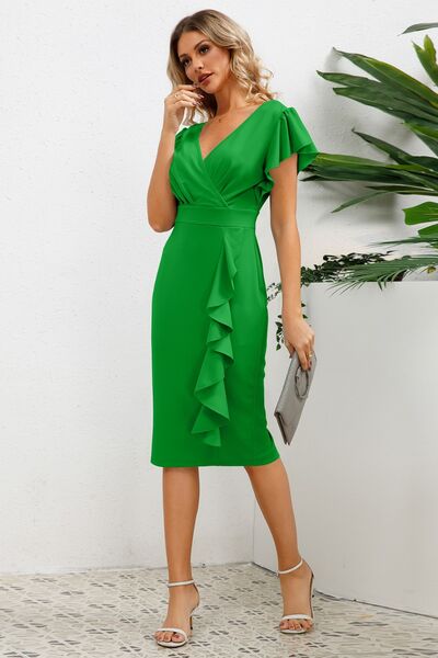 Ruffled Slit Cap Sleeve Dress