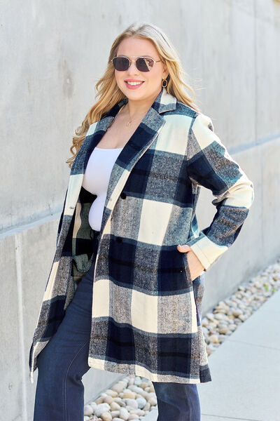 Women Full Size Plaid Button Up Lapel Collar Coat