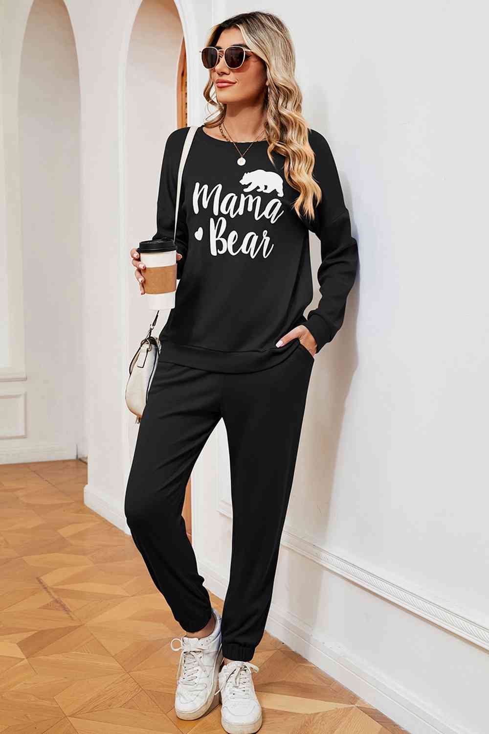 Solid Color Graphic Sweatshirt and Sweatpants Set