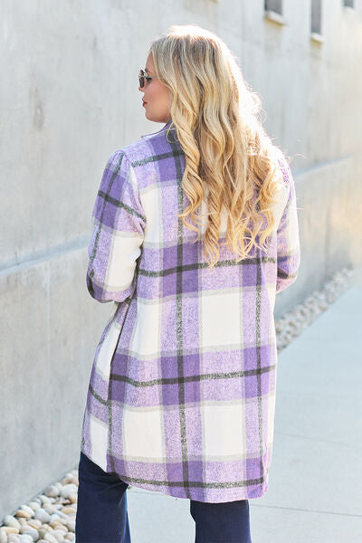 Women Full Size Plaid Button Up Lapel Collar Coat