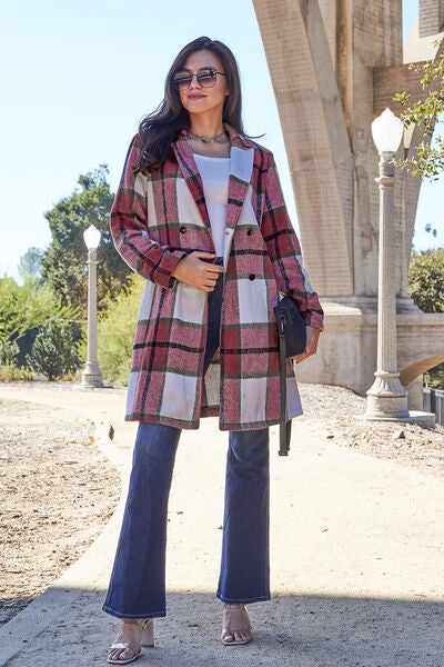 Women Full Size Plaid Button Up Lapel Collar Coat