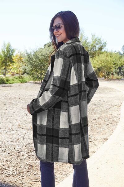 Women Full Size Plaid Button Up Lapel Collar Coat