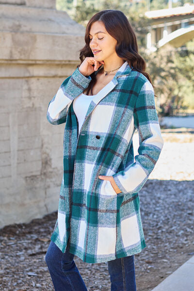 Women Full Size Plaid Button Up Lapel Collar Coat