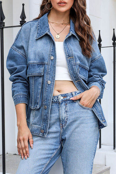 Dropped Shoulder Denim Jacket with Pockets