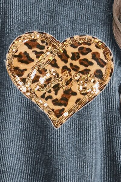 Heart Leopard Sequin Round Neck Sweatshirt