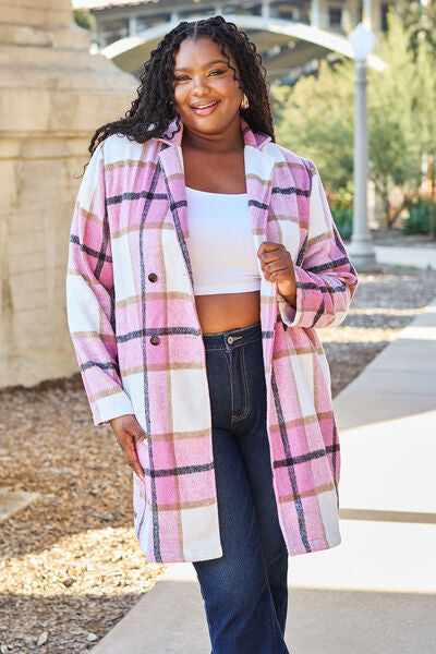 Women Full Size Plaid Button Up Lapel Collar Coat