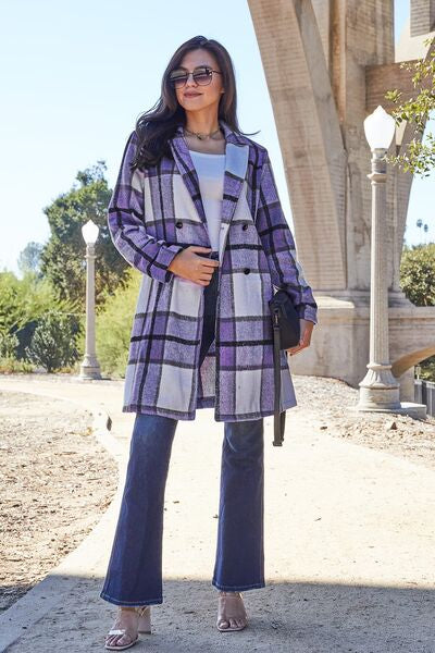 Women Full Size Plaid Button Up Lapel Collar Coat