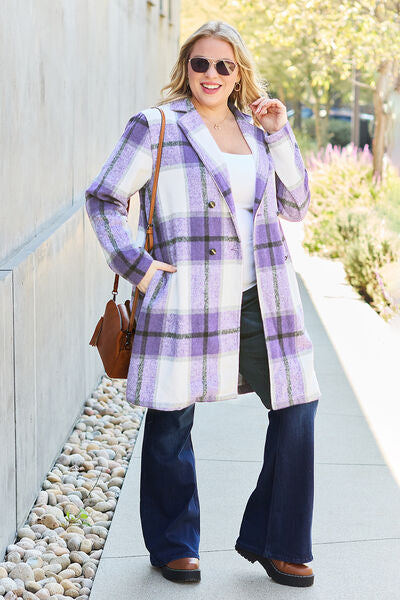 Women Full Size Plaid Button Up Lapel Collar Coat