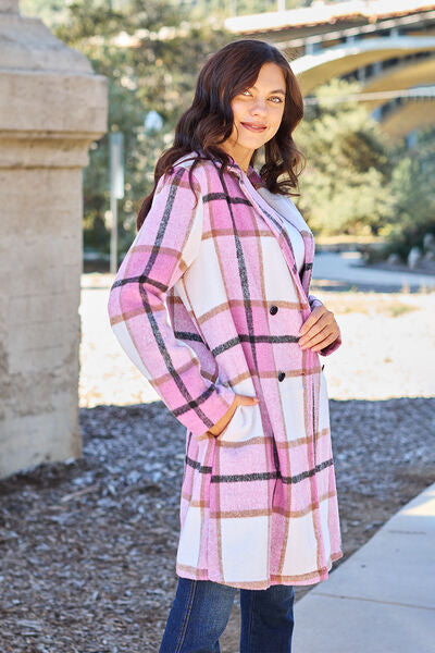 Women Full Size Plaid Button Up Lapel Collar Coat