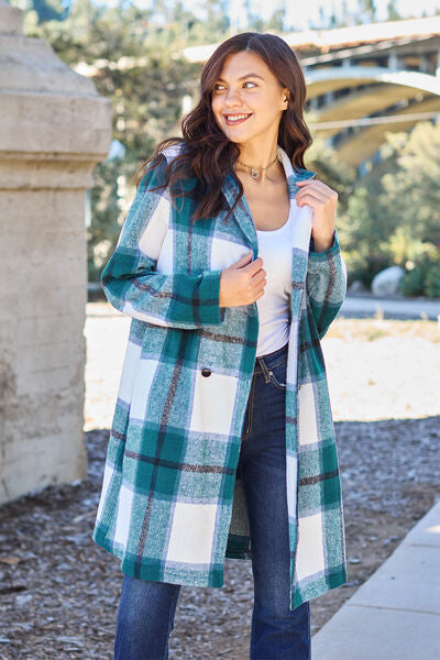 Women Full Size Plaid Button Up Lapel Collar Coat