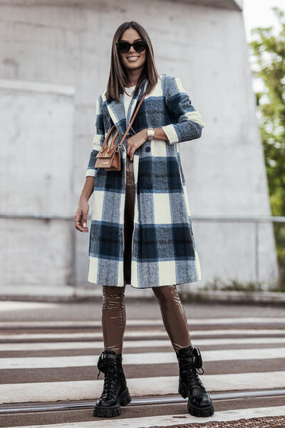 Women Full Size Plaid Button Up Lapel Collar Coat