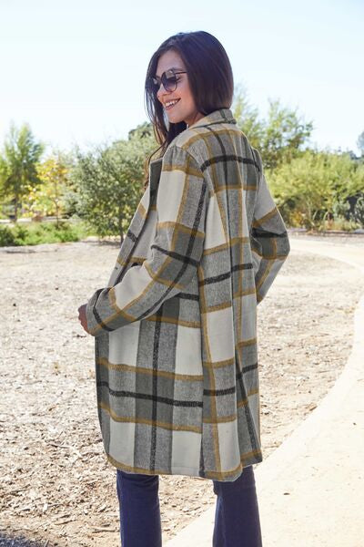 Women Full Size Plaid Button Up Lapel Collar Coat