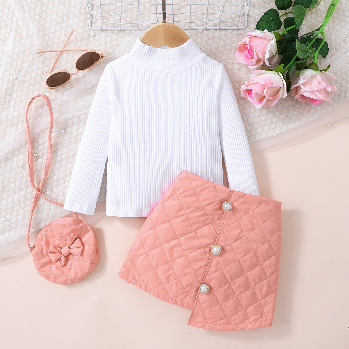 Decorative Girls Knit Top & Button Skirt Set with Bag