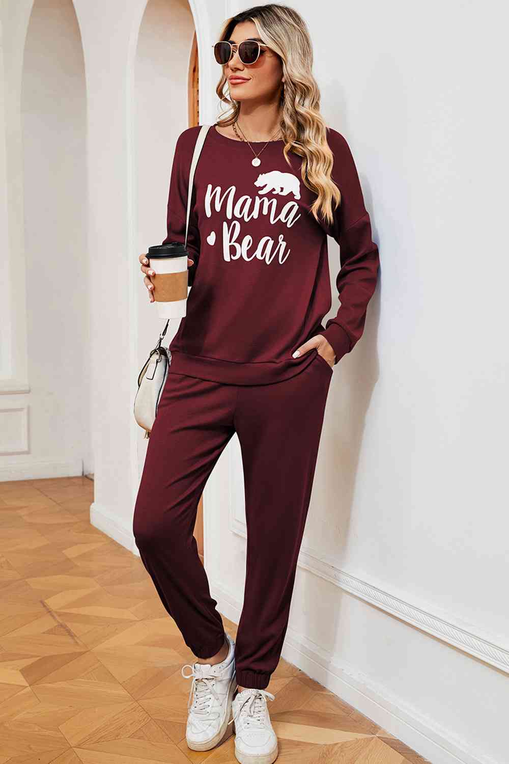 Solid Color Graphic Sweatshirt and Sweatpants Set