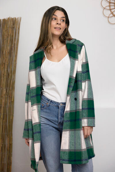 Women Full Size Plaid Button Up Lapel Collar Coat