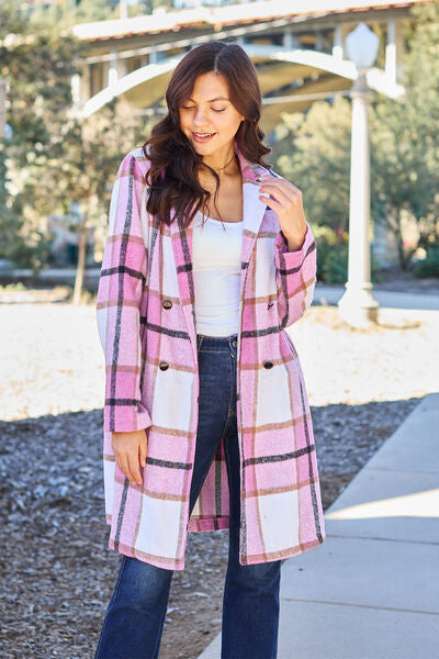 Women Full Size Plaid Button Up Lapel Collar Coat