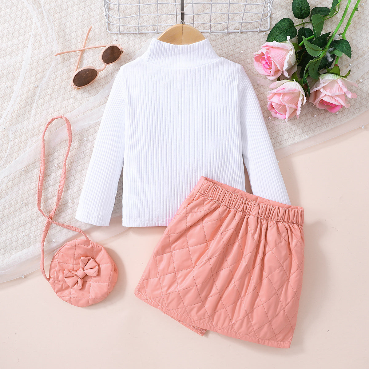 Decorative Girls Knit Top & Button Skirt Set with Bag