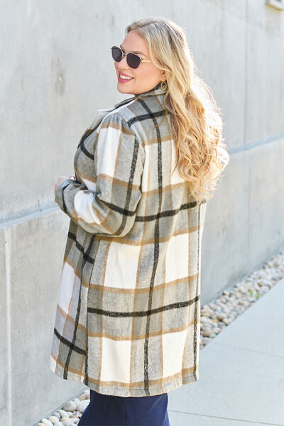 Women Full Size Plaid Button Up Lapel Collar Coat