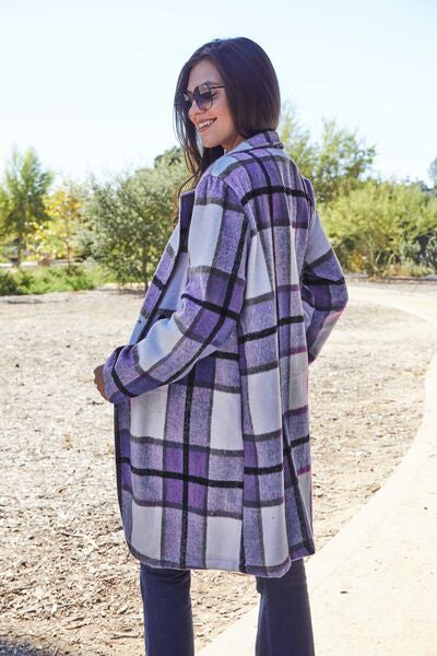 Women Full Size Plaid Button Up Lapel Collar Coat