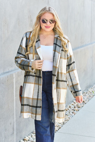 Women Full Size Plaid Button Up Lapel Collar Coat