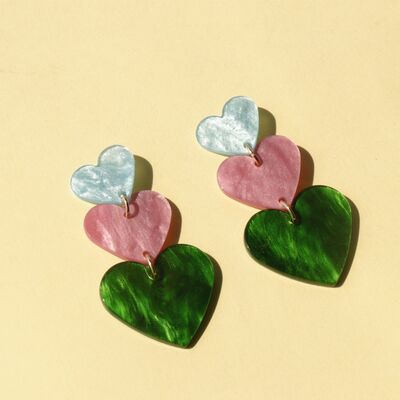 heart shape daggling earrings, pink earrings, colorful earrings